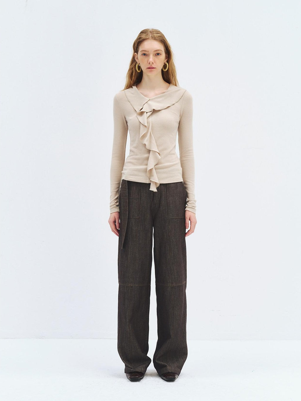 someonesometimes Soft Stretch Knit Slim Fit Casual V-neck Women Sand Long Sleeve T-Shirts