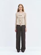 someonesometimes Soft Stretch Knit Slim Fit Casual V-neck Women Sand Long Sleeve T-Shirts