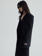 audreyyang Original Design Relaxed Fit Double Breasted Women Black Polyester Blazers