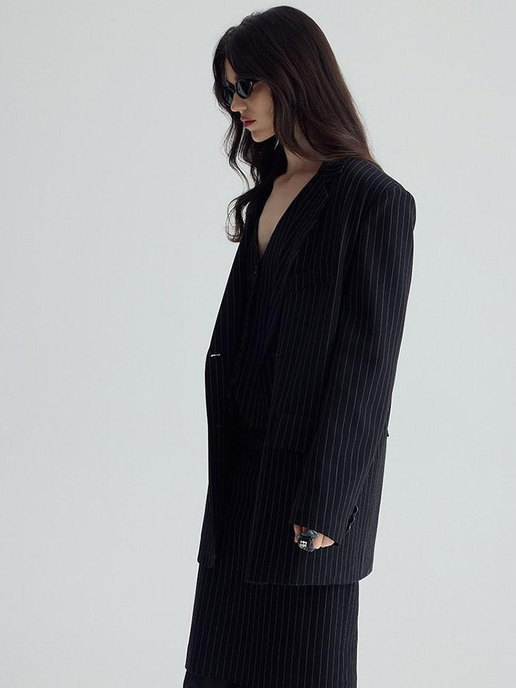 audreyyang Original Design Relaxed Fit Double Breasted Women Black Polyester Blazers
