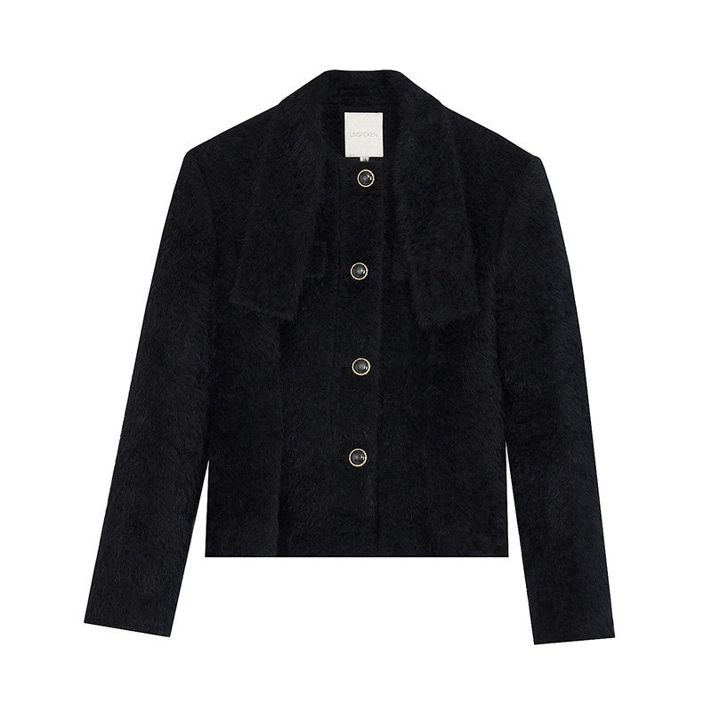 unspoken_Slimming_French_Slim_Fit_Waist_Cinch_Stand_Collar_Black_Nylon_Women_Short_Coat_MISSTT