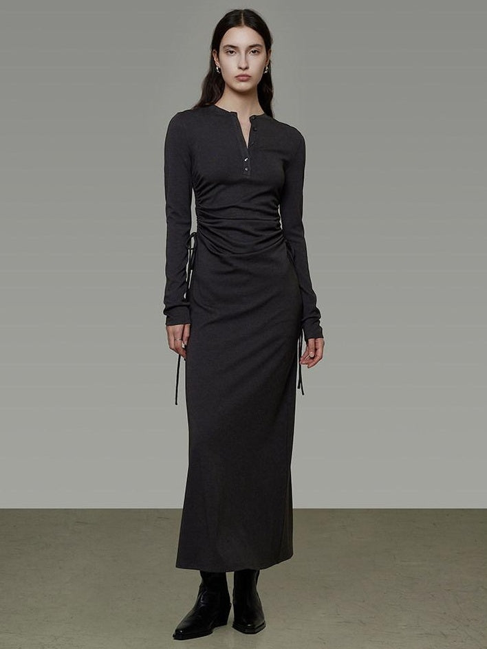 unspoken Breathable Tencel Ruched High Waist A Line Long Sleeve Slim Office Maxi Dresses