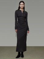 unspoken Breathable Tencel Ruched High Waist A Line Long Sleeve Slim Office Maxi Dresses