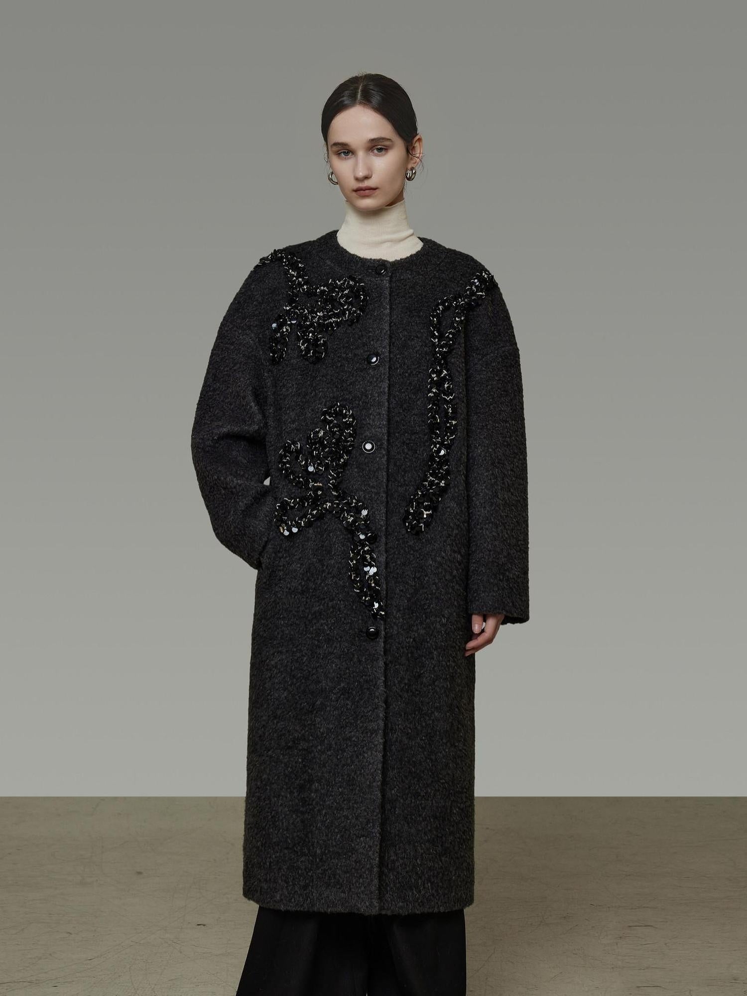 unspoken Warm 3D Embellished Loose Minimalist Commuter Long Women Deep Gray Wool Coats