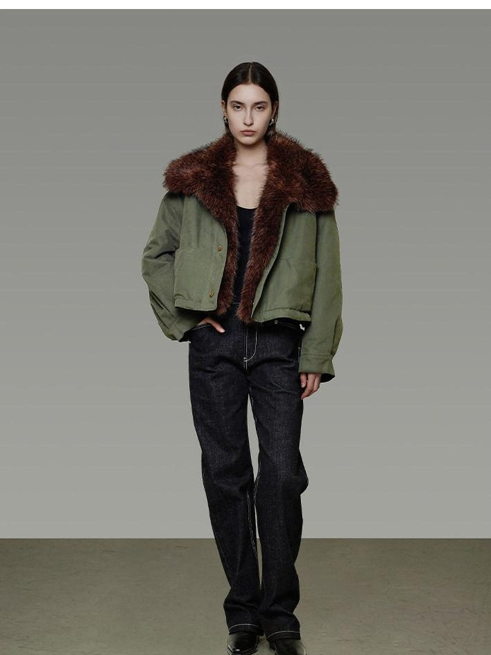 unspoken Fur Collar Short Single Breasted Office Olive Green Long Sleeve Cropped Jackets