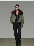 unspoken Fur Collar Short Single Breasted Office Olive Green Long Sleeve Cropped Jackets