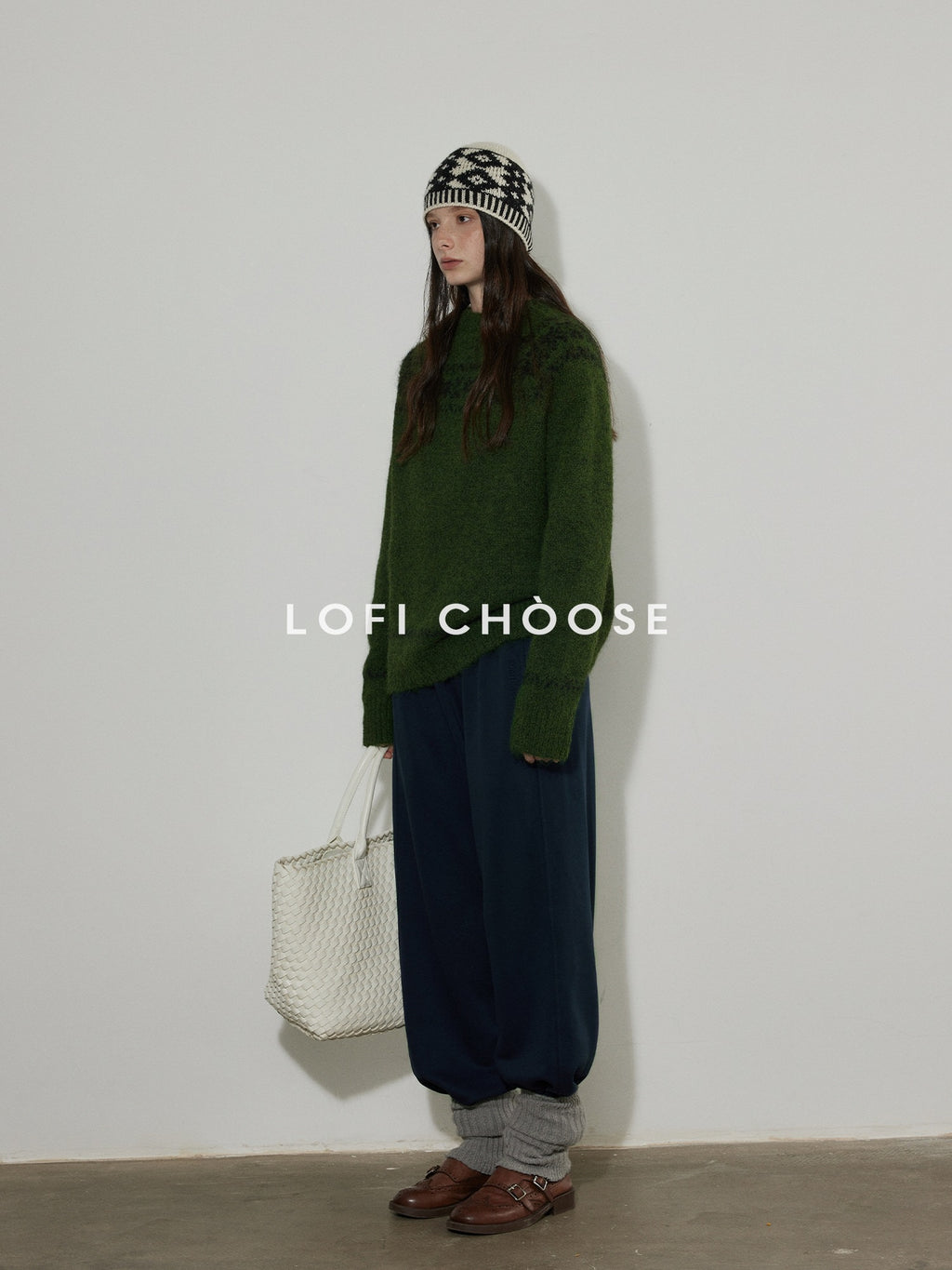 Lofi choose Thick Loose Fit Commuter Round Neck Pullover Women Knit Green Brown Sweaters