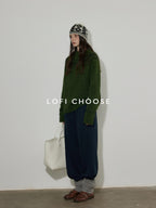 Lofi choose Thick Loose Fit Commuter Round Neck Pullover Women Knit Green Brown Sweaters