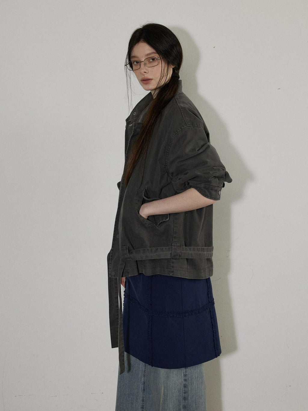 Lofi choose Breathable Drawstring Oversized Commuter Women Button Mud Gray Denim Jackets