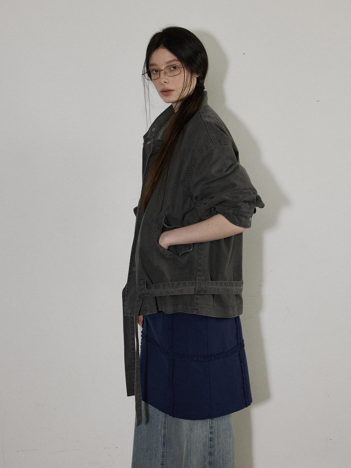 Lofi choose Breathable Drawstring Oversized Commuter Women Button Mud Gray Denim Jackets