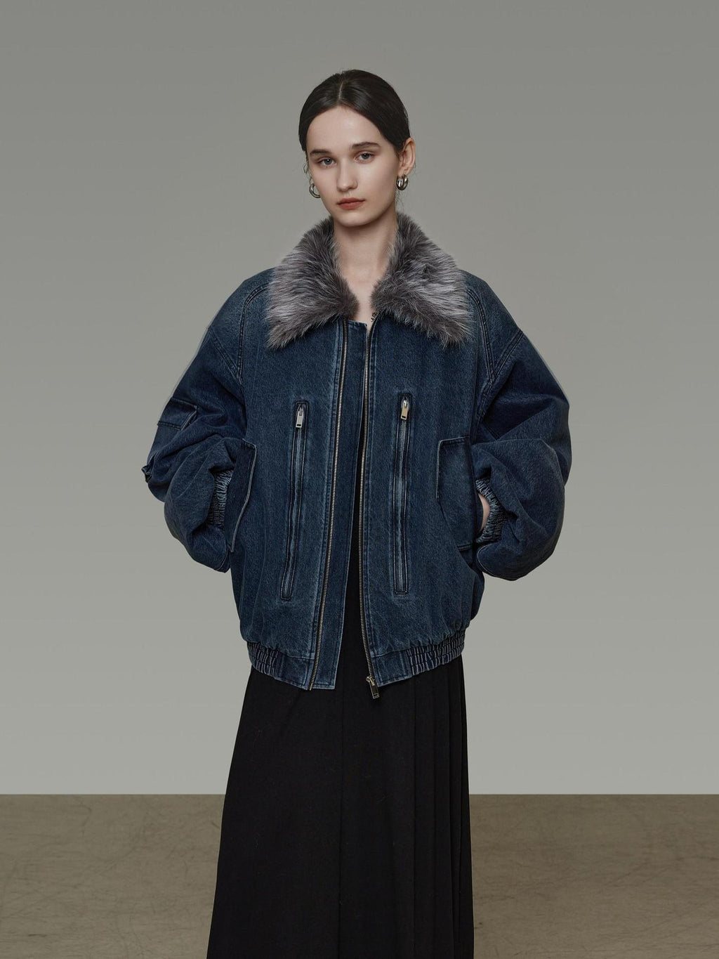 unspoken Warm Cotton Blend Loose Commuter Zipper Fur Collar Blue Gray Denim Jackets