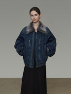 unspoken Warm Cotton Blend Loose Commuter Zipper Fur Collar Blue Gray Denim Jackets