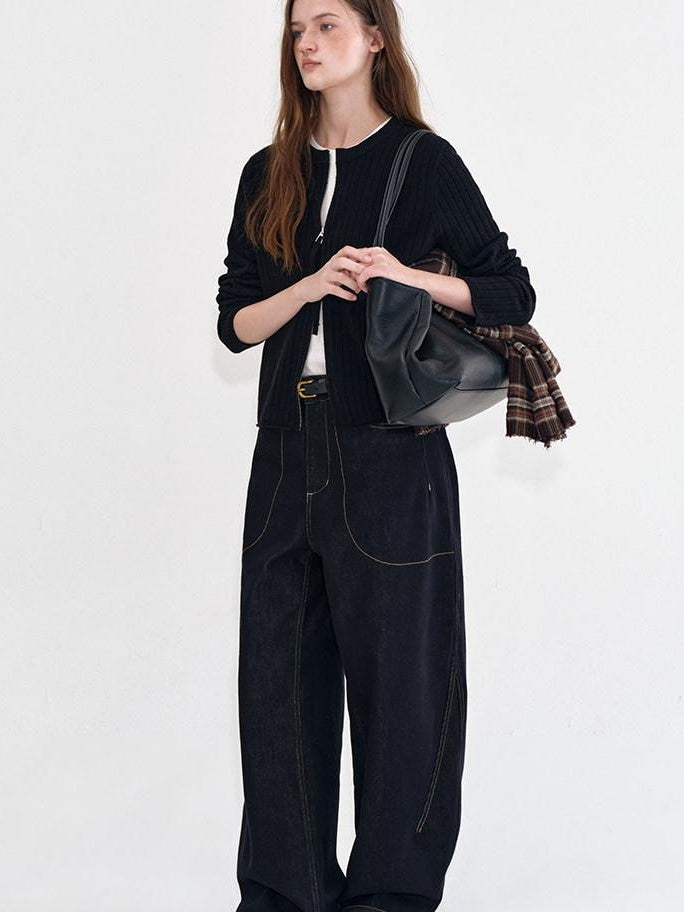 fano Vintage Washed Cotton Loose Natural Waist Casual Women Dark Wide Leg Pants