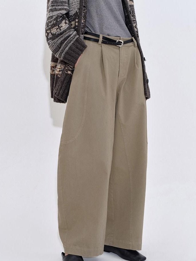 fano Breathable Cotton Khaki Natural Waist Casual Zipper Fly Women Wide Leg Pants