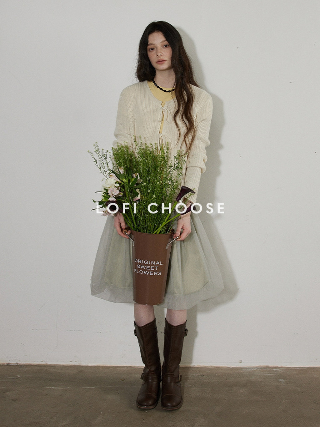 Lofi choose High Waist Bubble Skirt Relaxed Fit Office Custom Dyed Almond Gray Midi Skirts