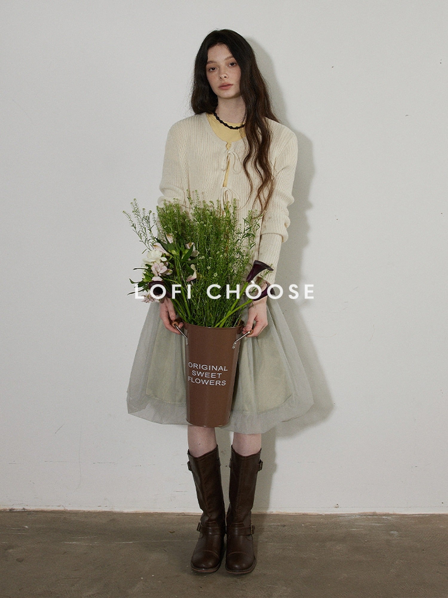 Lofi choose High Waist Bubble Skirt Relaxed Fit Office Custom Dyed Almond Gray Midi Skirts