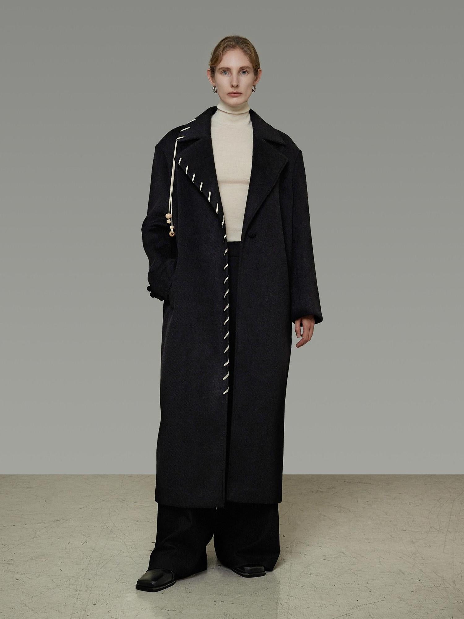 unspoken Sheep Wool Blend 3D Cut Straight Office Black Lapel Long Sleeve Long Coats