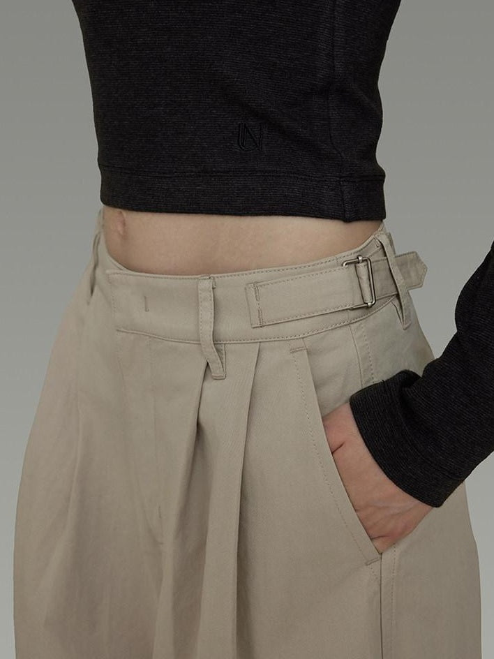 unspoken Pleated Natural Waist Minimalist Loose Women Khaki Zipper Wide Leg Pants