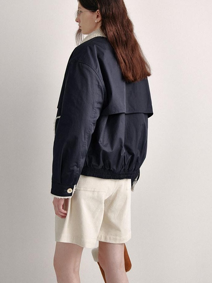 fano Patchwork Cozy Relaxed Loose Fit Commuter Navy Zipper Long Sleeve Puffer Jackets