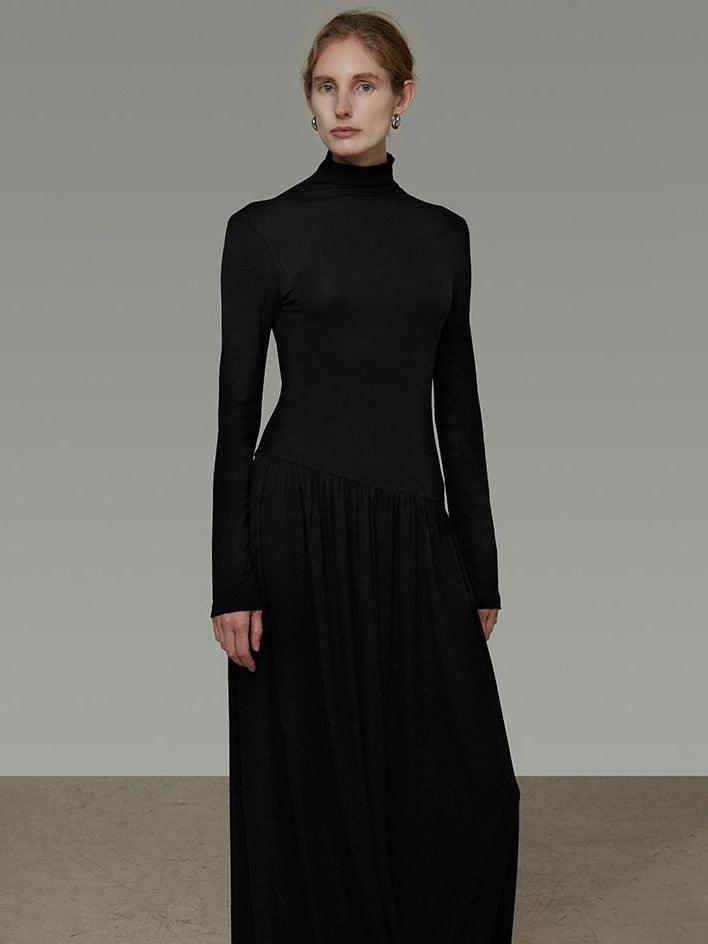 unspoken Modal Knit Turtleneck Slim Waist Long Sleeve City Workwear Black Maxi Dresses