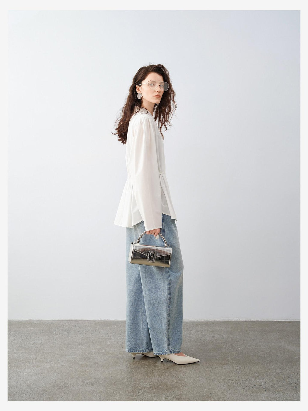 audreyyang Durable Viscose Slim Waist Casual Lapel Button Long Sleeve Blouses