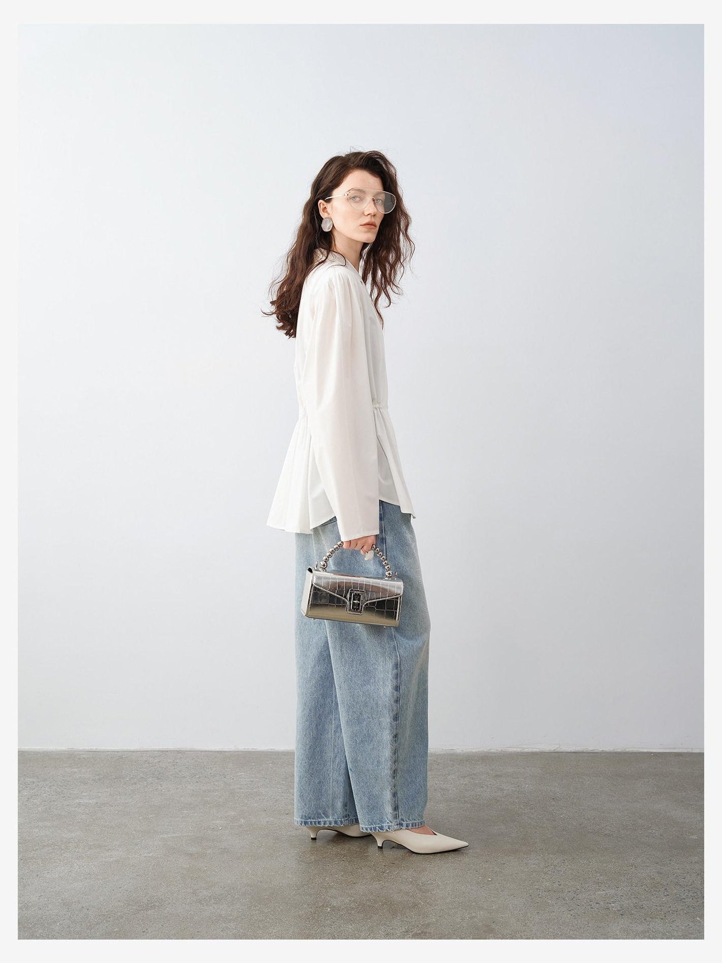 audreyyang Durable Viscose Slim Waist Casual Lapel Button Long Sleeve Blouses
