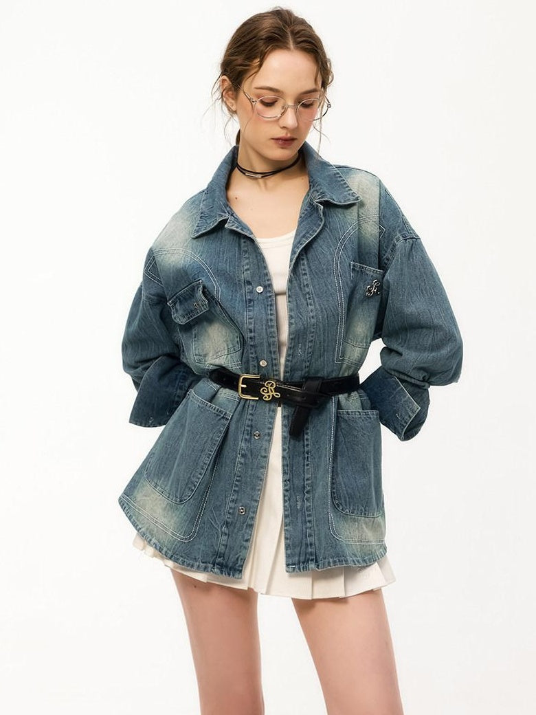 ikyou Shape Retaining Vintage Loose 3D Detail Women Midlength Blue Denim Jackets