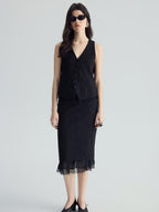 audreyyang Padded V-neck Striped Cropped Commuter Strap Women Black Single Button Vests