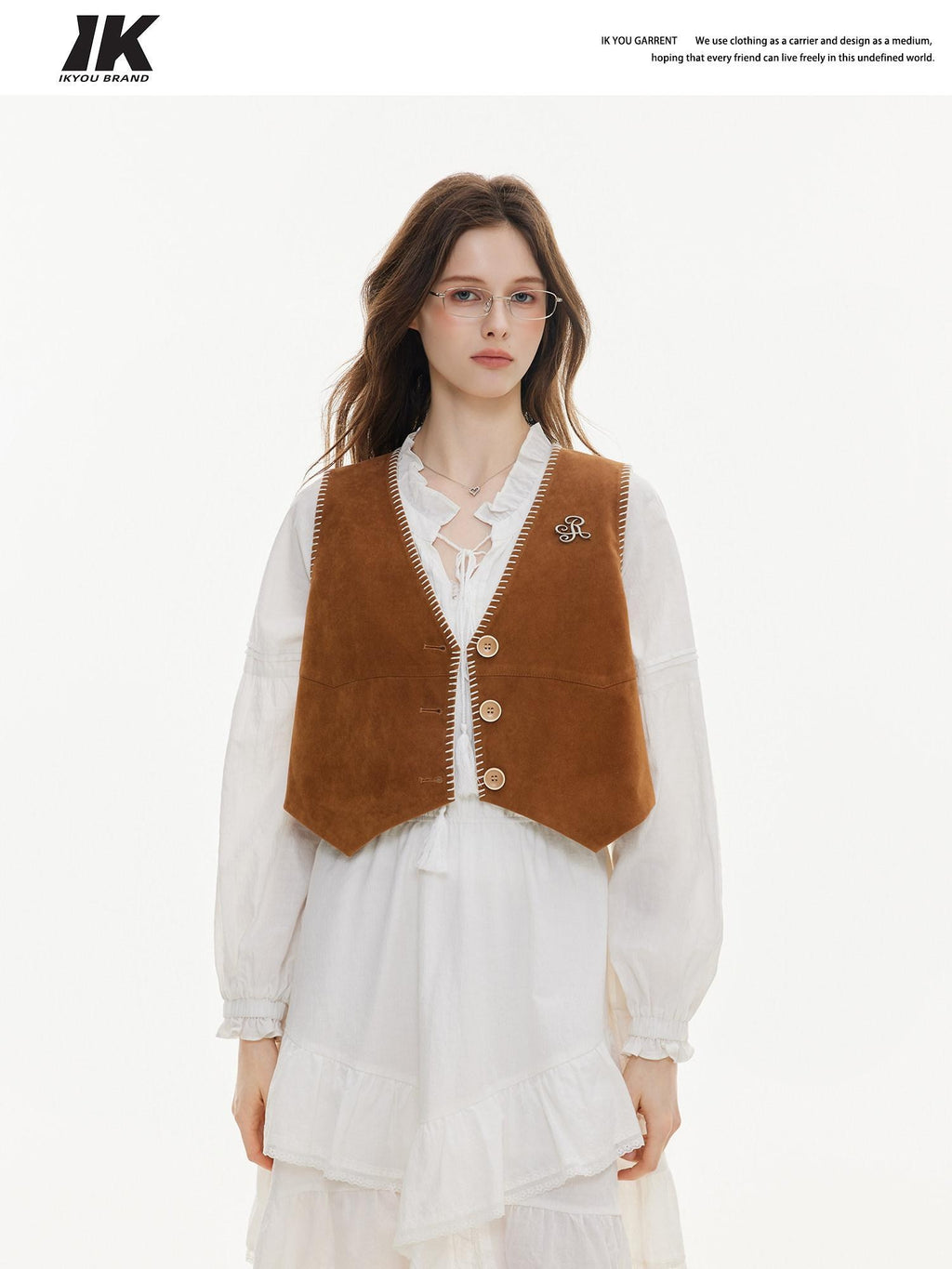 ikyou Versatile Cropped V-neck Distressed 3D Short Button Women Brown Vests