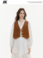 ikyou Versatile Cropped V-neck Distressed 3D Short Button Women Brown Vests