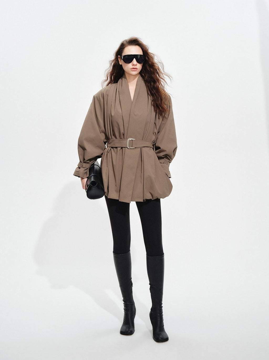 audreyyang Tie Front Vintage Oversized Batwing Sleeve Women Polyester Cropped Jackets