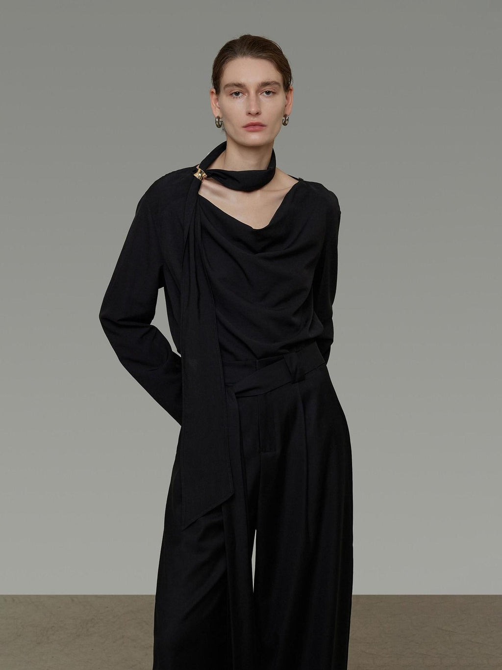 unspoken Breathable Minimalist Loose Fit Ribbon V-neck Office Women Solid Black Blouses