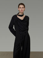 unspoken Breathable Minimalist Loose Fit Ribbon V-neck Office Women Solid Black Blouses