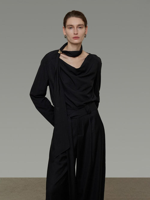 unspoken Breathable Minimalist Loose Fit Ribbon V-neck Office Women Solid Black Blouses