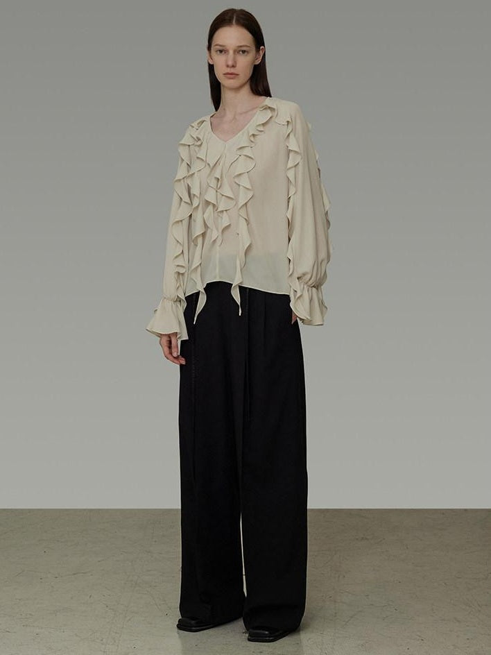 unspoken Breathable Soft Minimalist Commuter Loose Bell Sleeve V-neck Office Blouses