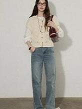 Lofi choose Versatile Openwork Short Round Neck Office Knit Women Ivory Acrylic Cardigans