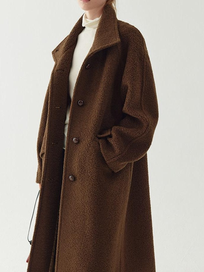 fano Soft Wool Blend Straight Cut Stand Collar Pockets Commuter Midlength Wool Coats