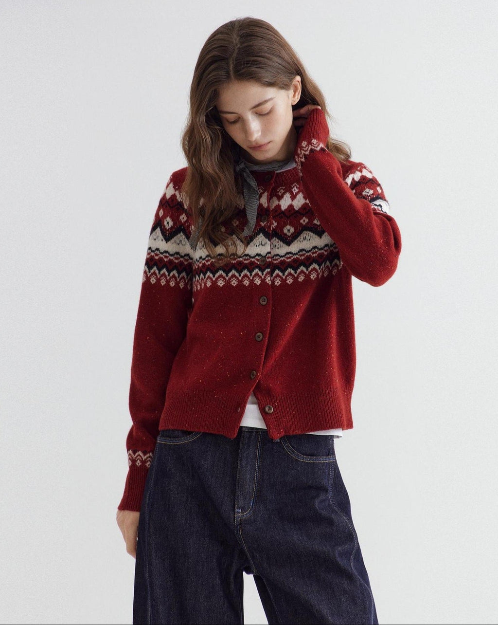 fano Warm Sheep Wool Jacquard Loose Korean Commuter Crewneck Red Women Cardigans