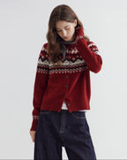 fano Warm Sheep Wool Jacquard Loose Korean Commuter Crewneck Red Women Cardigans