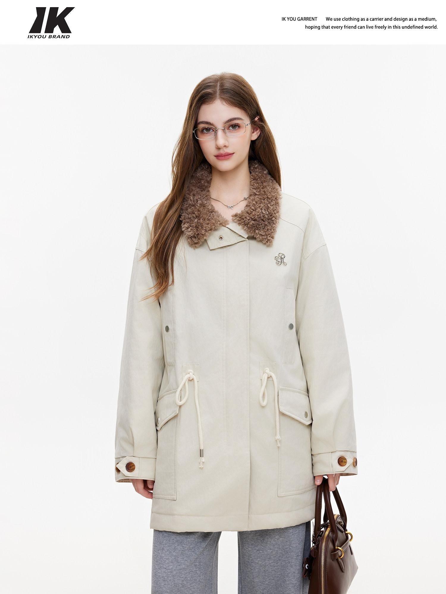 ikyou Insulated Cotton Pocketed Midlength Korean Commuter Light Khaki Down Jackets