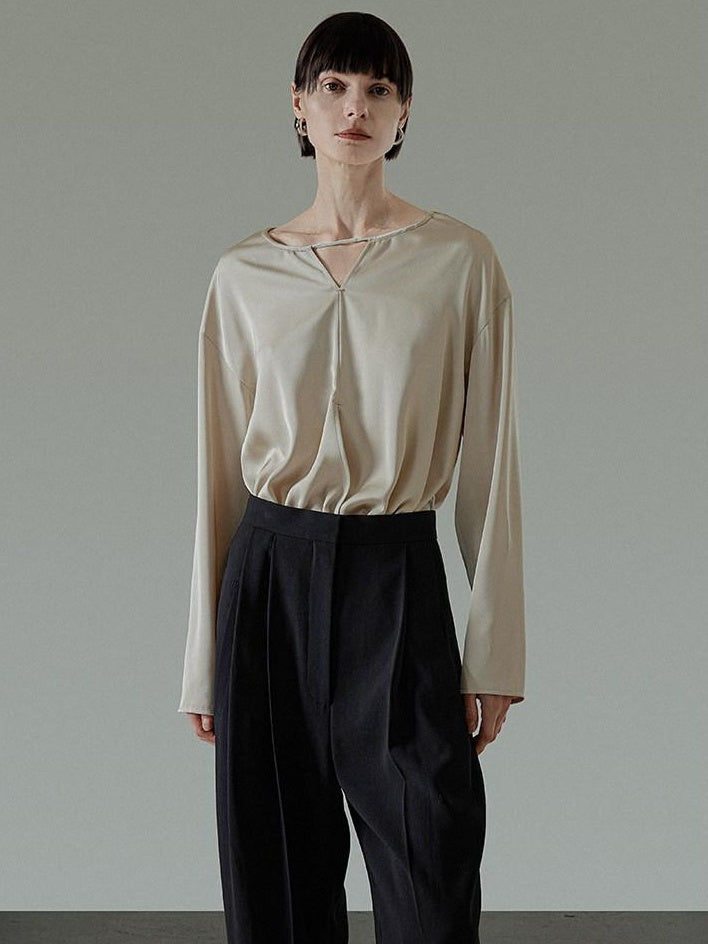 unspoken Skin Friendly Breathable Minimal Loose V-neck Longsleeve Women Champagne Blouses