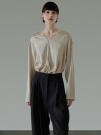 unspoken Skin Friendly Breathable Minimal Loose V-neck Longsleeve Women Champagne Blouses