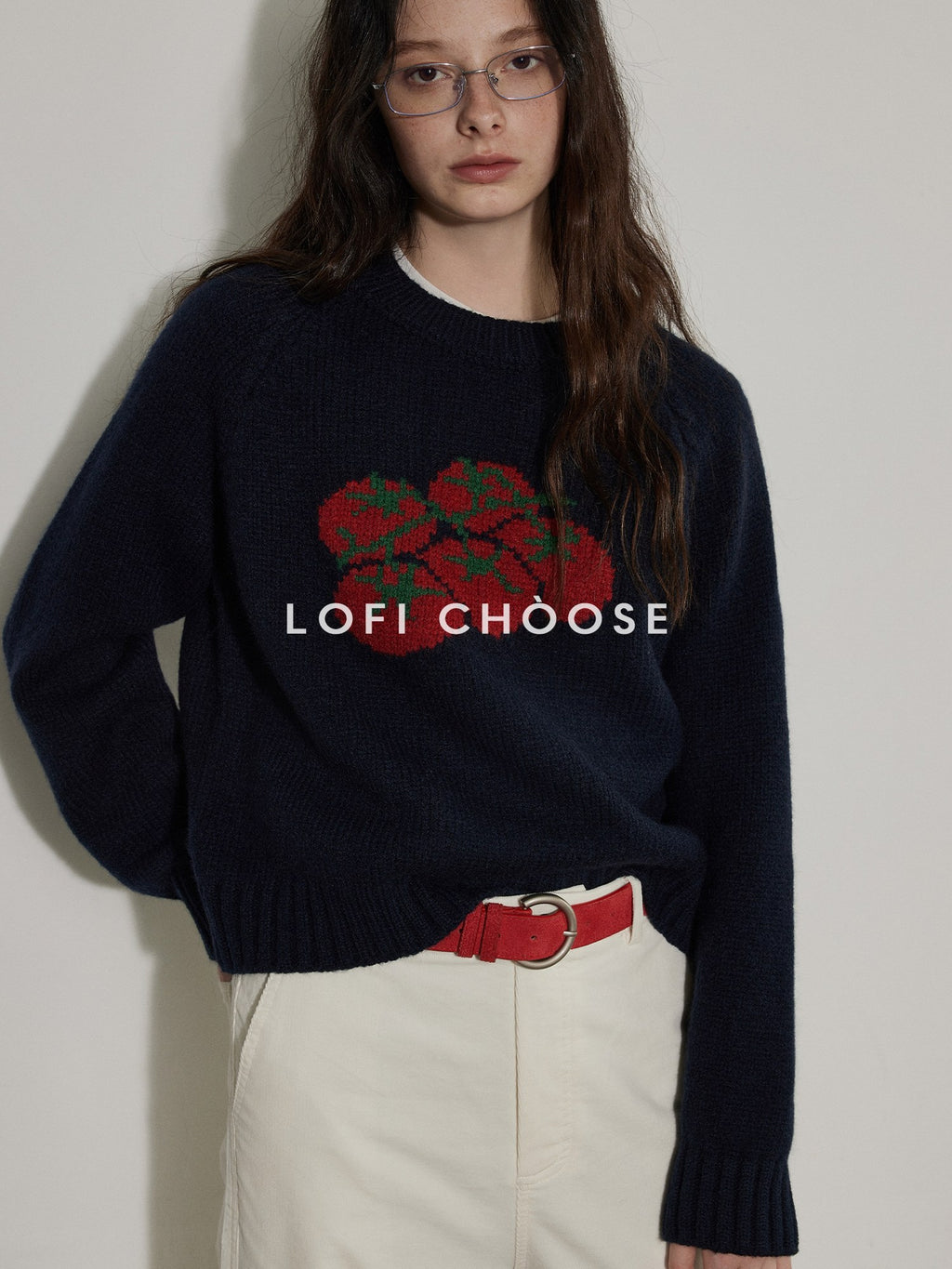Lofi choose Cozy Crew Neck Loose Fit Office Knit Pullover Off White Navy Sweaters