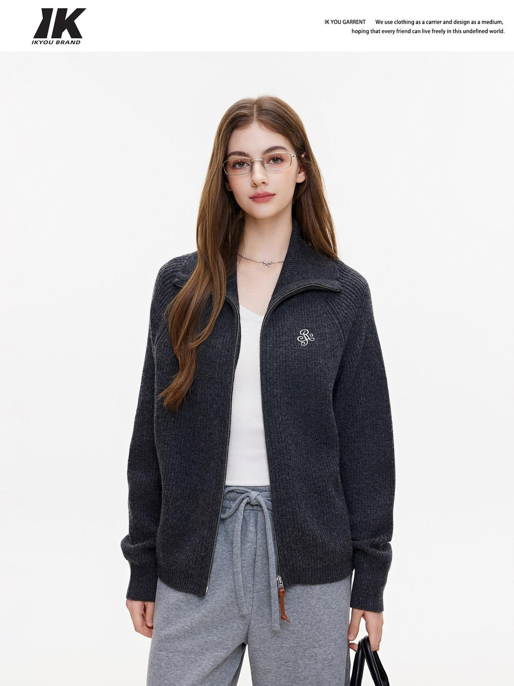 ikyou Warm Wool Blend Stand Collar Zip Loose Commuter Knit Women Deep Gray Cardigans