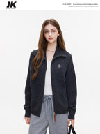 ikyou Warm Wool Blend Stand Collar Zip Loose Commuter Knit Women Deep Gray Cardigans