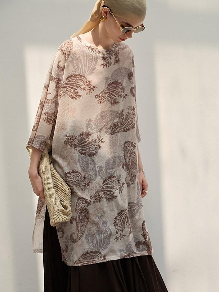 audreyyang Light Commuter Loose Paisley Print Round Neck Women Long Sleeve T-Shirts