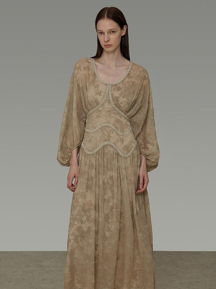 unspoken Casual Jacquard A Line Natural Waist Long Sleeve U Neck Khaki Women Maxi Dresses