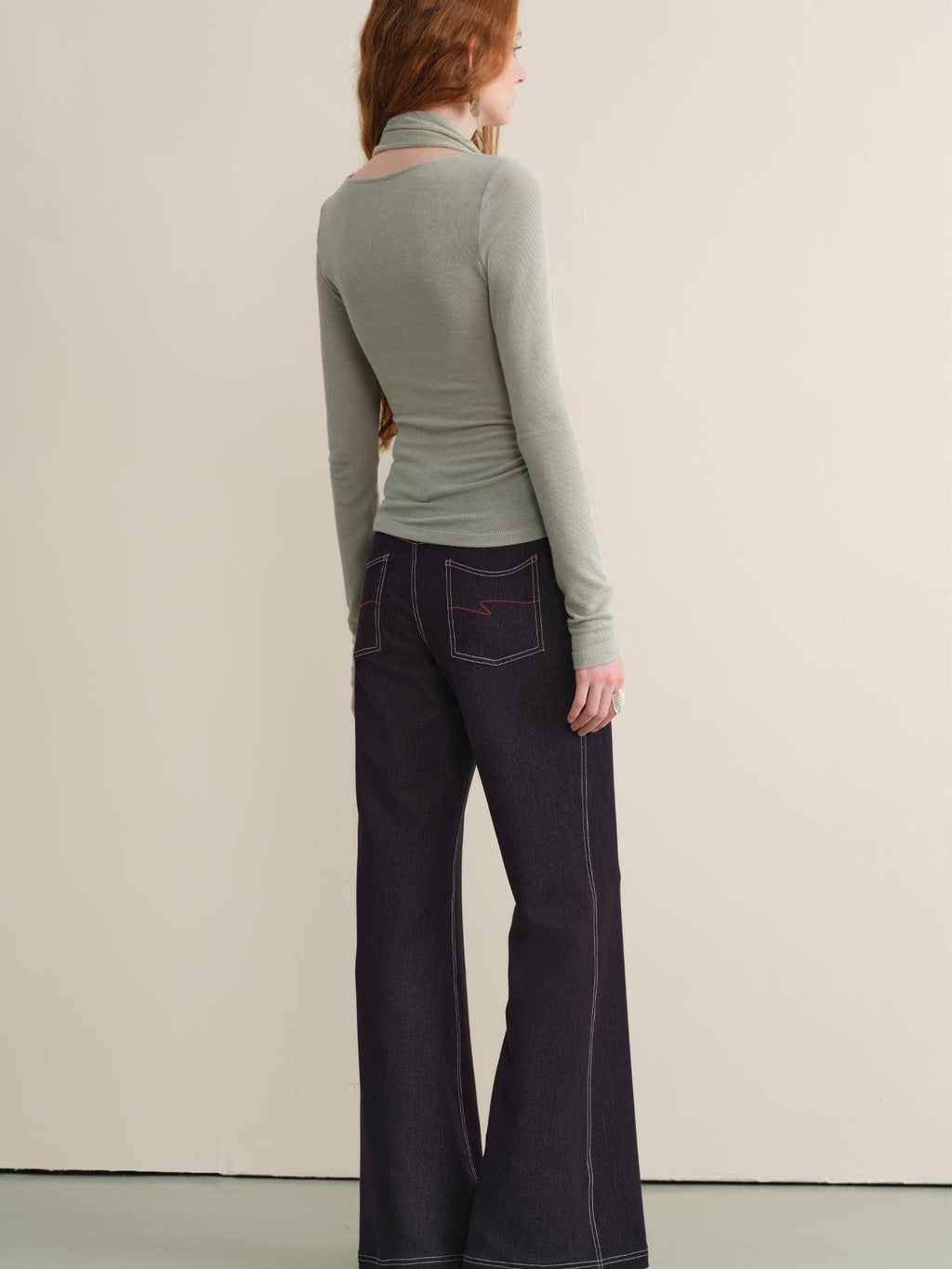 someone sometimes Stretch Minimal Natural Waist Topstitch Detail Women Midnight Blue Flared Jeans