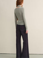 someone sometimes Stretch Minimal Natural Waist Topstitch Detail Women Midnight Blue Flared Jeans