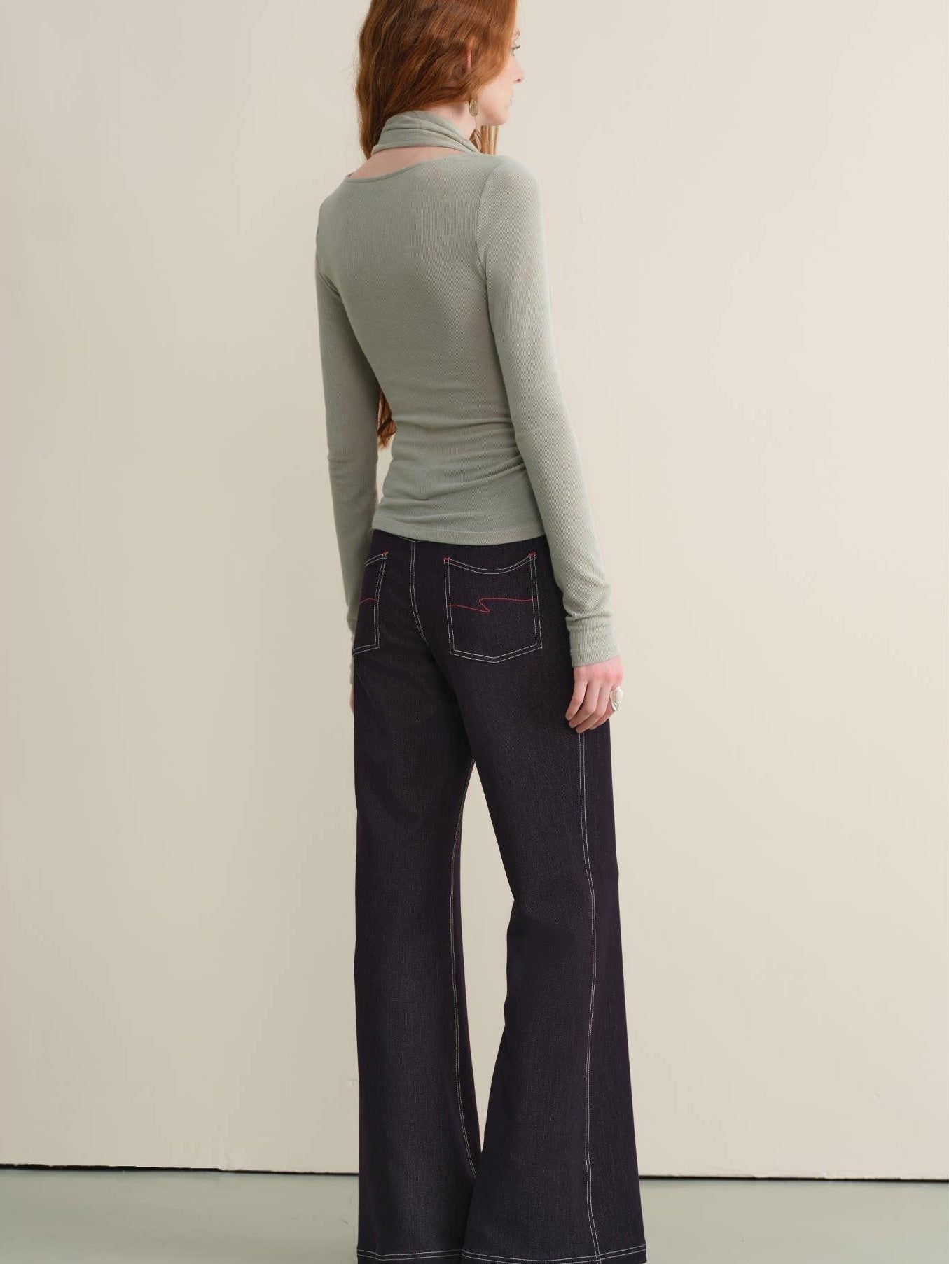 someone sometimes Stretch Minimal Natural Waist Topstitch Detail Women Midnight Blue Flared Jeans